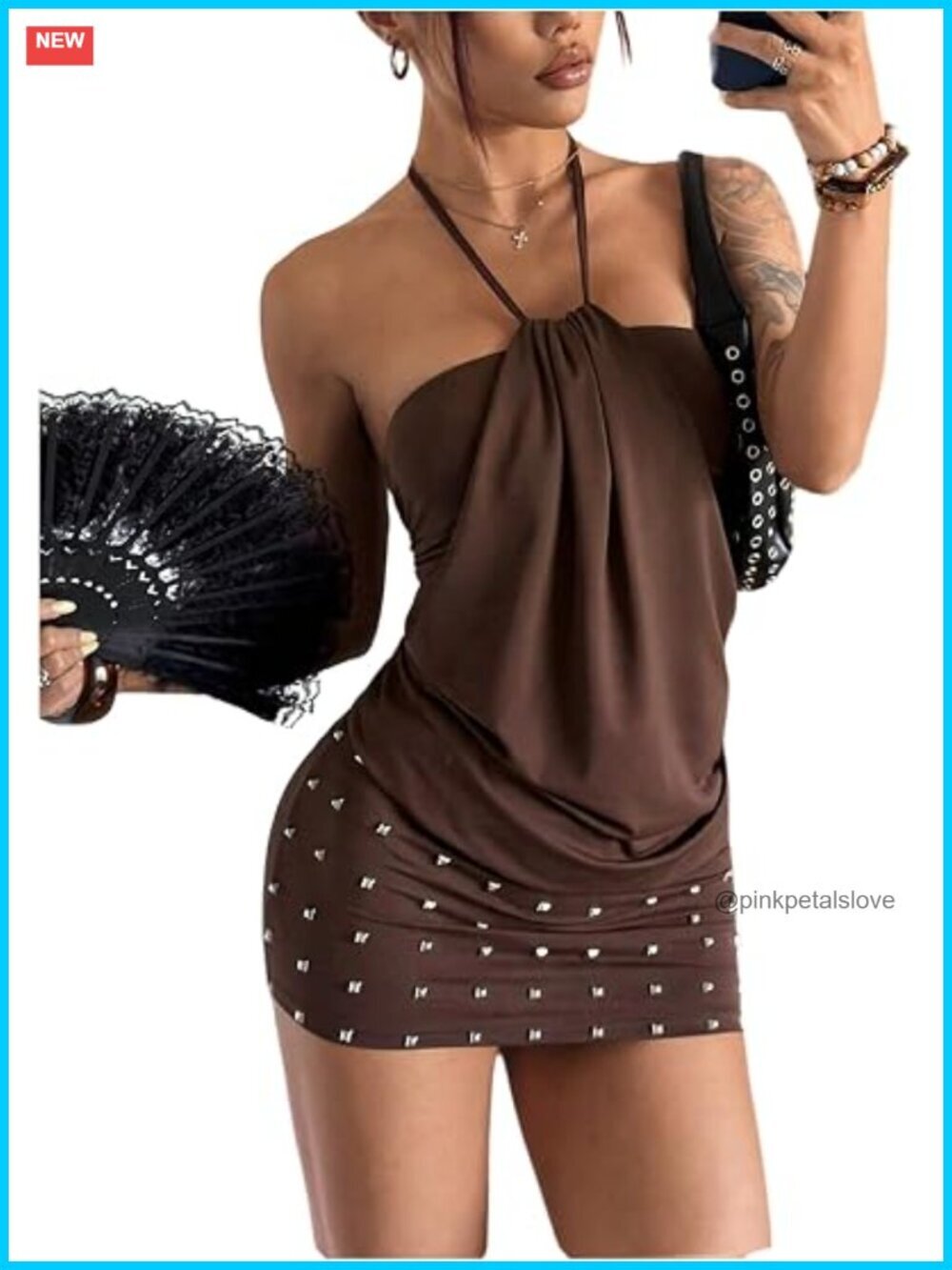 Y2K Rivet Halter Ruched Mini Dress Tie Open Back Sleeveless Bodycon